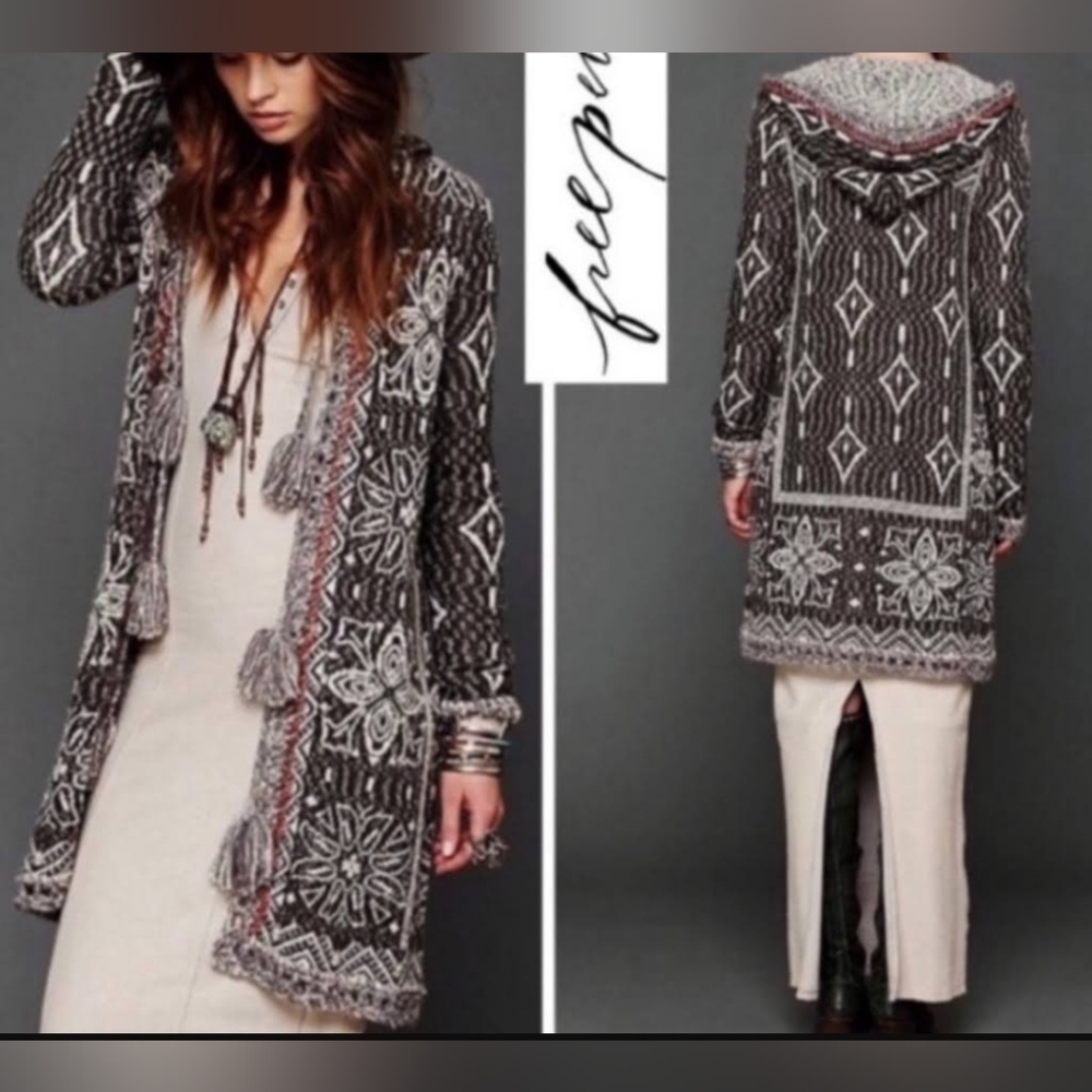 Free People Black and Cream Patterned Knit Cardigan